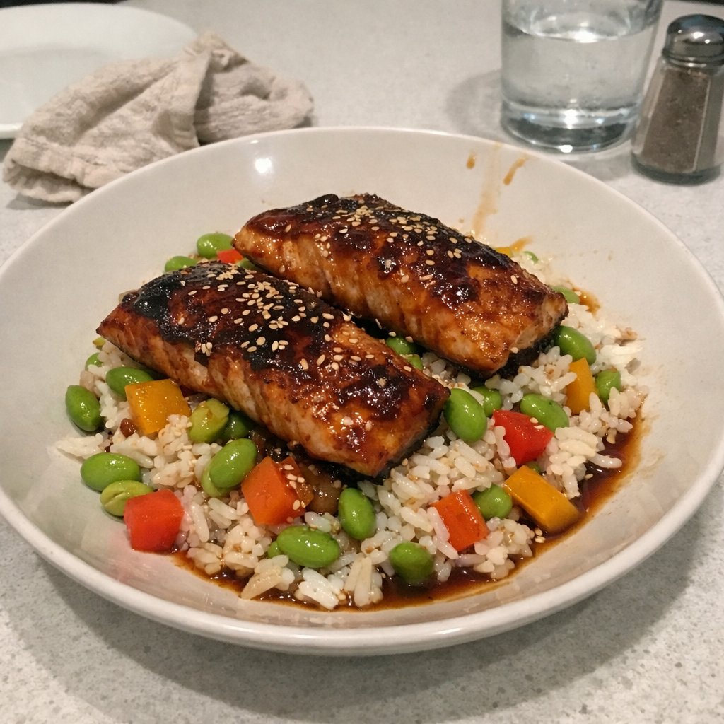 Truite steelhead poêlée sauce soya-gingembre, riz parfumé et edamames