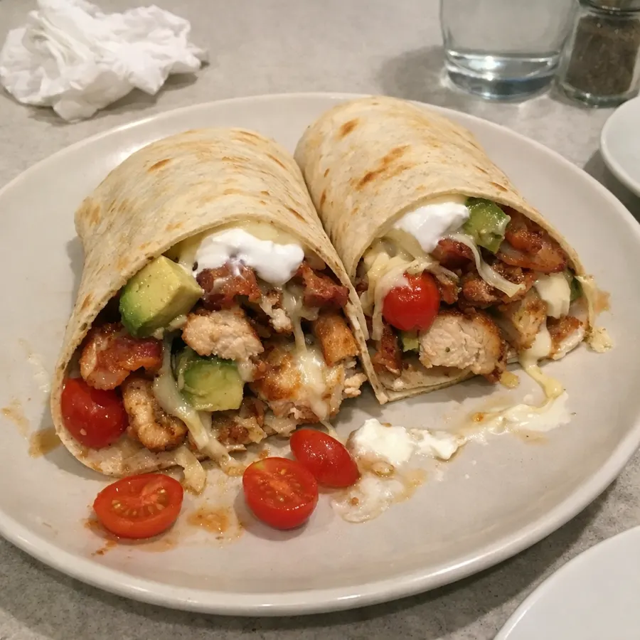 Wrap au poulet grillé, bacon croustillant, avocat et mozzarella fondante
